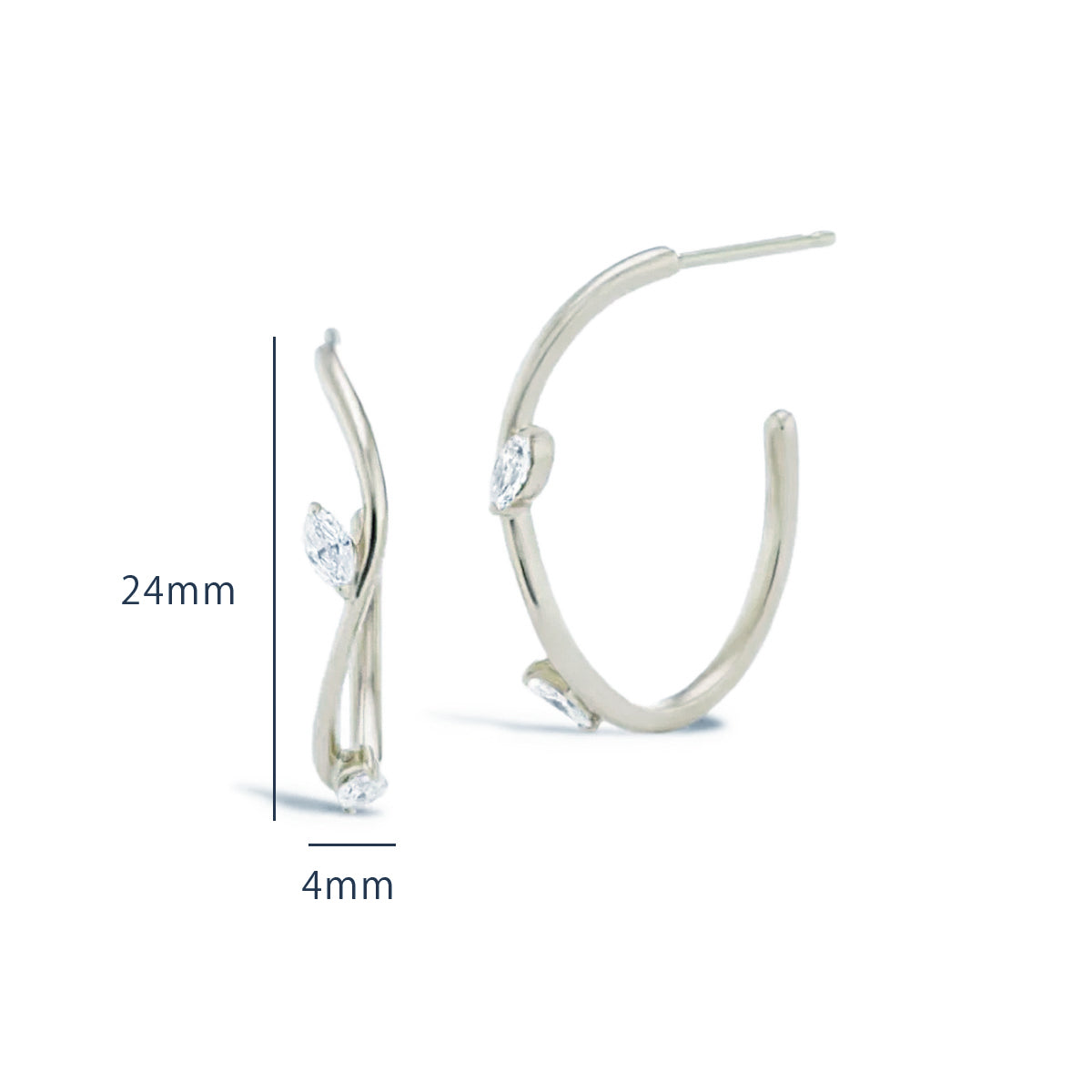 ウェーブリーフストーンピアス サイズ詳細 - 縦約24mm×幅約4mmの絶妙なサイズ感