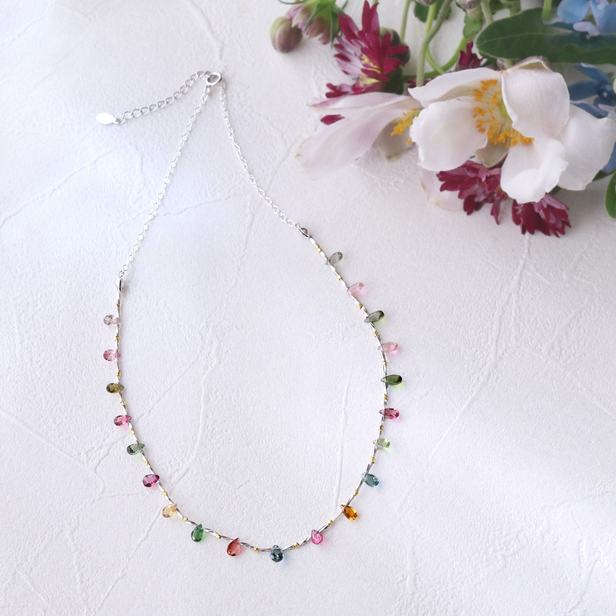 【10月誕生石】マルチカラートルマリンペアシェイプチョーカーネックレス｜ Silver925