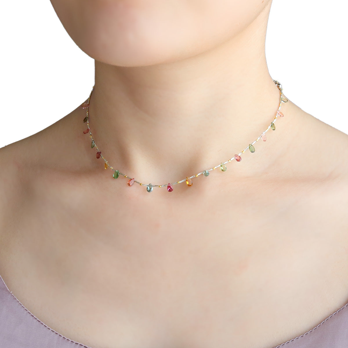 【10月誕生石】マルチカラートルマリンペアシェイプチョーカーネックレス｜ Silver925