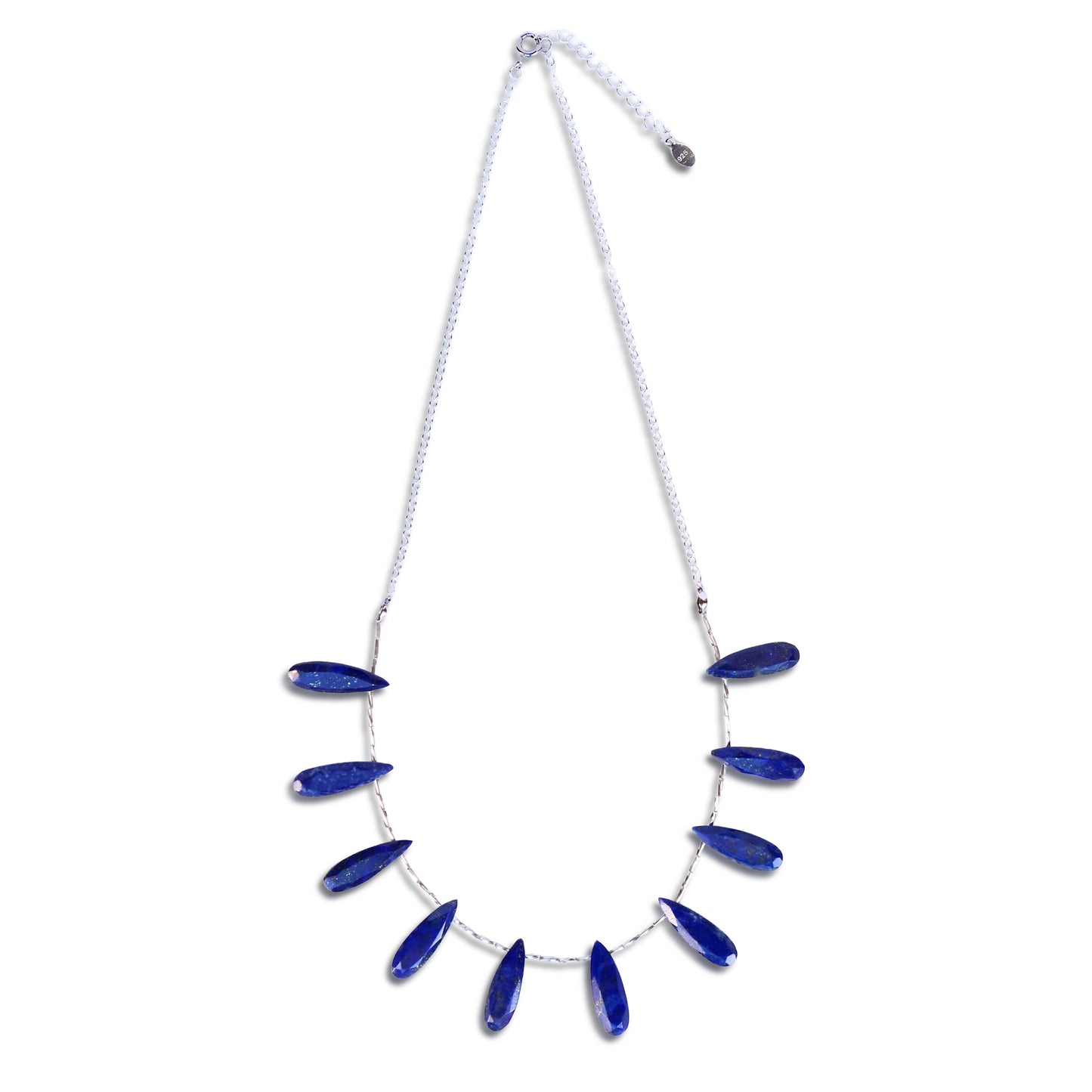 ラピスラズリネックレス全体像 ペアシェイプファセットカット10粒 カレンシルバー装飾