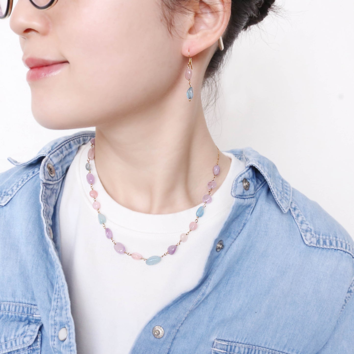 アクアマリン&ローズクォーツタンブルカットピアス｜Silver 929