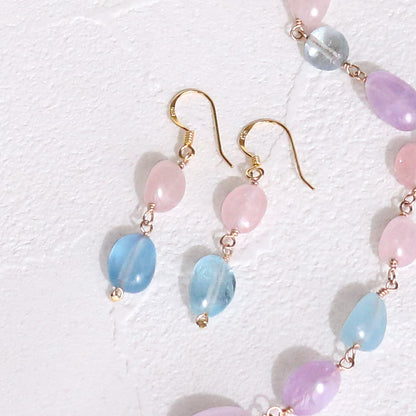 アクアマリン&ローズクォーツタンブルカットピアス｜Silver 929