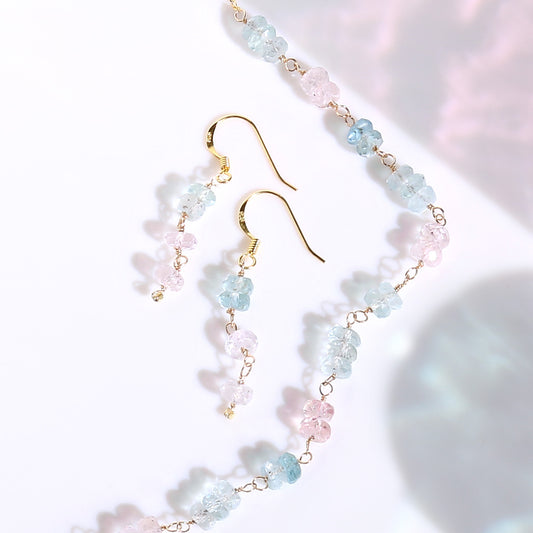 ブラジル産モルガナイト&アクアマリン ボタンカットピアス Silver925 18KGP 