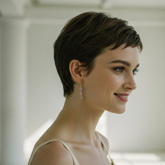 ブラジル産モルガナイト&アクアマリン ボタンカットピアス Silver925 着用イメージ